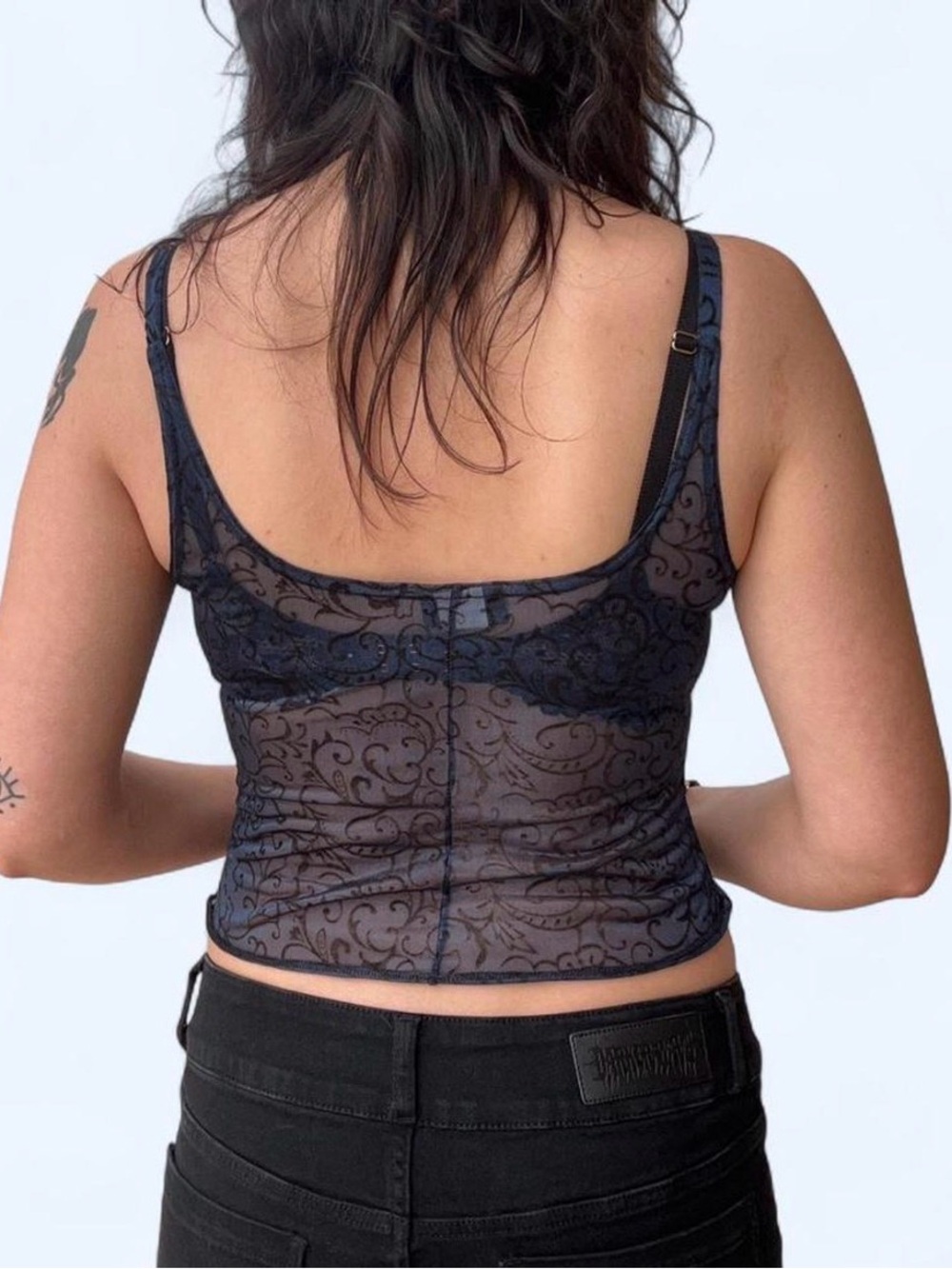Sheer Blue Floral Mesh Tank Top - Picture 4 of 7